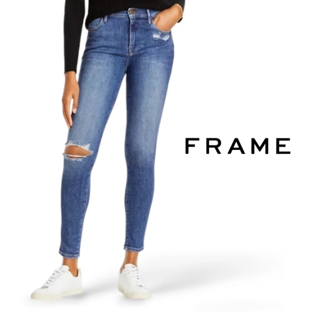 FRAME Le High Rise Skinny Jeans Distressed Saxon Wash Size 27 - Picture 1 of 6